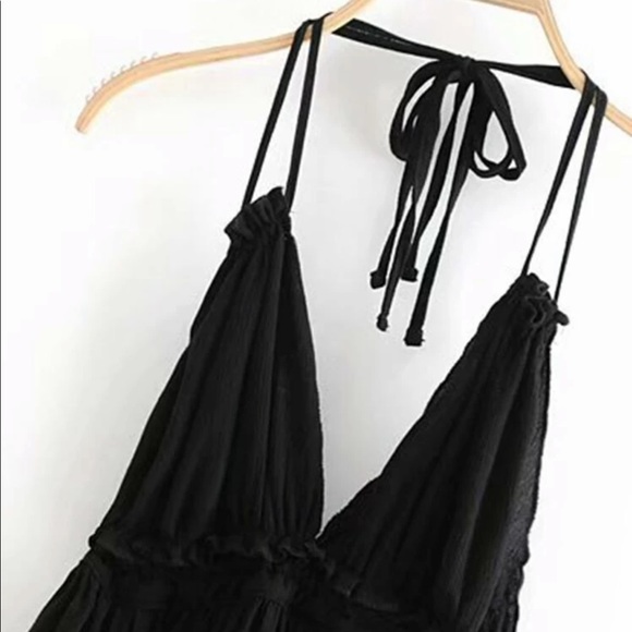 Boho Gypsy Mini Dress Black Sheer Dot Halter Tier - Picture 9 of 14